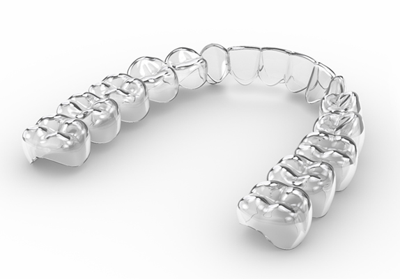 A 3D image of a clear Invisalign aligner for teenagers